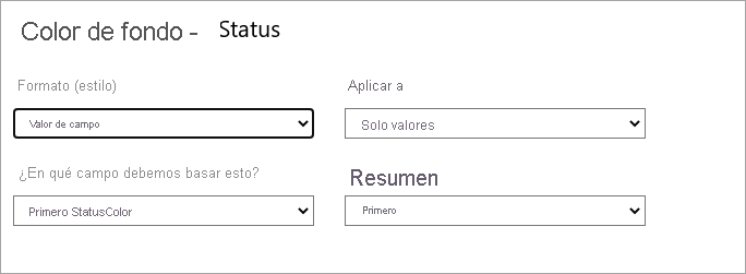 Cuadro de diálogo de color de fondo para el campo Estado: el menú desplegable Estilo de formato se establece en Valor de campo.