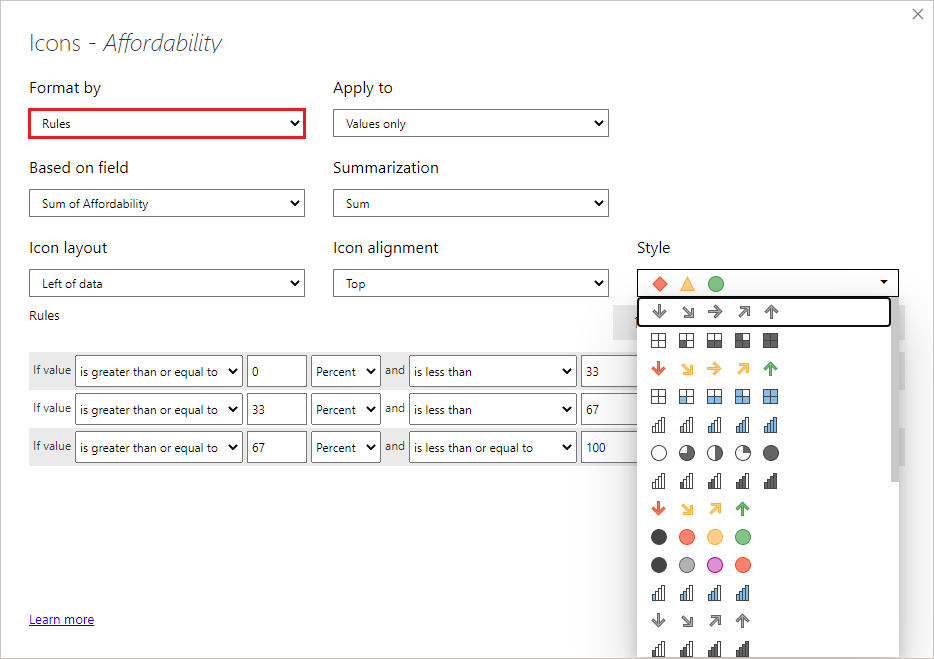 Cuadro de diálogo de iconos: el estilo de formato se establece en Reglas. Los iconos disponibles se muestran en el menú desplegable Estilo.