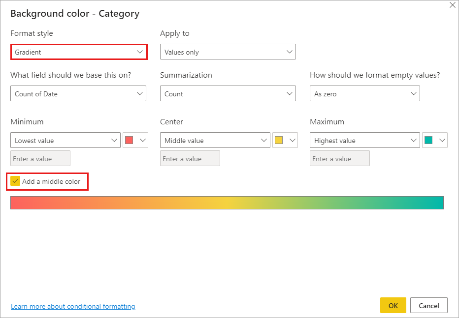 Cuadro de diálogo de formato condicional para el color de fondo: Estilo de formato se establece en Degradado