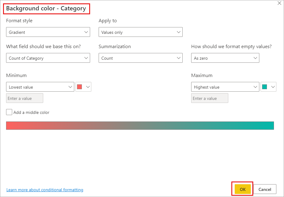 Cuadro de diálogo de formato condicional para Color de fondo y Color de fuente