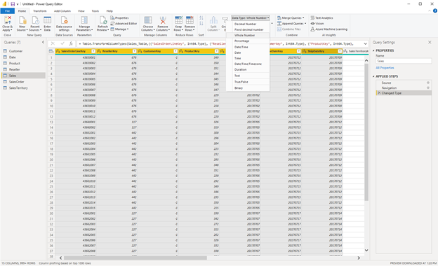 Captura de pantalla de la comprobación de los tipos de datos de las columnas.