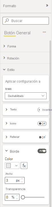 Captura de pantalla que muestra el borde del botón deshabilitado con formato.