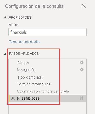 Captura de pantalla de la lista de pasos aplicados.