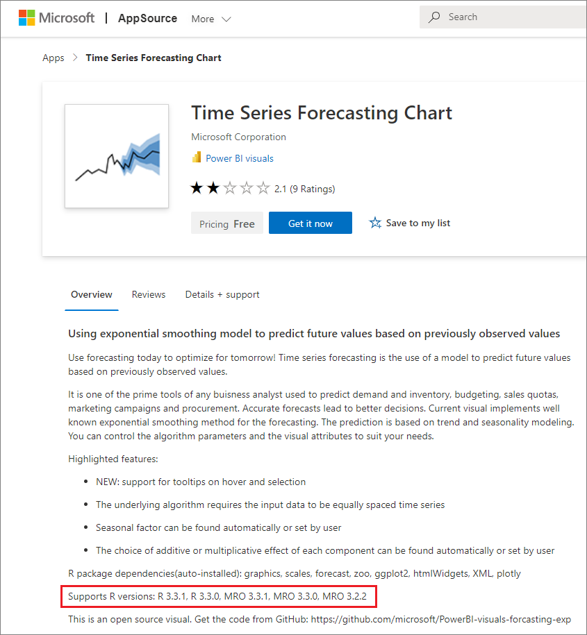 Captura de pantalla en la que se muestran las versiones de R admitidas para un objeto visual personalizado de Power BI con tecnología de R.