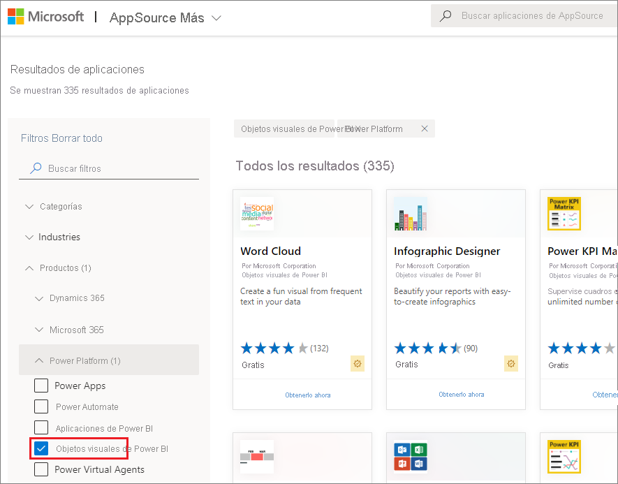 Captura de pantalla de AppSource con los objetos visuales de Power BI seleccionados en el panel izquierdo.