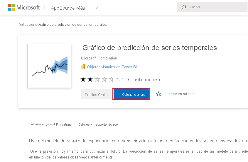 Captura de pantalla en la que se muestra el objeto visual de Power BI Gráfico de predicción de series temporales en AppSource.