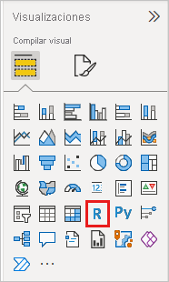 Captura de pantalla del panel Visualización, donde se resalta el icono de objeto visual de R.