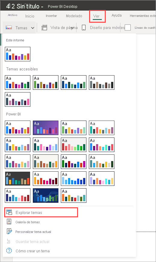 Captura de pantalla que muestra el menú desplegable Temas de Power BI con la opción Explorar temas resaltada.