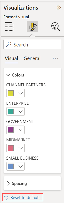 Captura de pantalla que muestra el menú desplegable Visualizaciones con la opción Restablecer valores predeterminados resaltada.