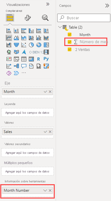 Captura de pantalla del servicio Power BI. En el panel Visualizaciones, el cubo de campos Información sobre herramientas contiene el campo Número de mes y aparece resaltado.