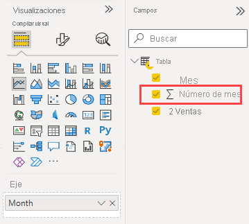 Captura de pantalla de los paneles Visualizaciones y Campos en el servicio Power BI. En el panel Campos, el campo Número de mes aparece resaltado.