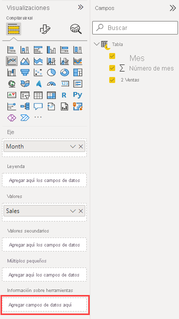 Captura de pantalla de los paneles Visualizaciones y campos del servicio Power BI.