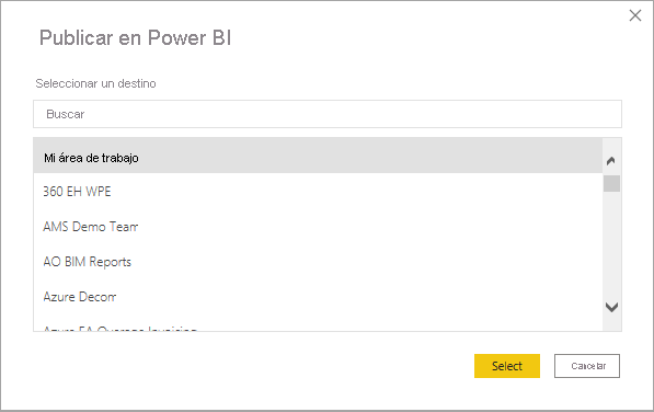 Captura de pantalla del cuadro de diálogo Publicar en Power BI.