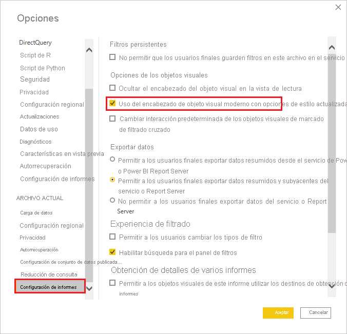 Captura de pantalla del menú Opciones, donde se resalta la configuración del informe y la casilla Usar el encabezado visual moderno con las opciones de estilo actualizadas.