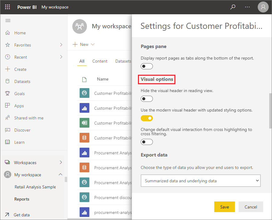 Captura de pantalla de la configuración de un informe en el servicio Power BI.