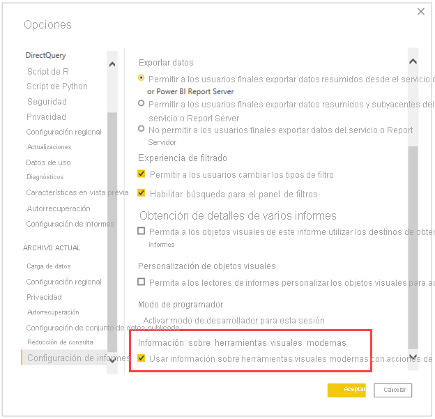 Captura de pantalla del cuadro de diálogo Opciones, donde se resalta la casilla de las informaciones sobre herramientas visuales modernas.
