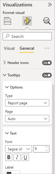 Captura de pantalla del menú desplegable Información sobre herramientas del panel Visualizaciones.