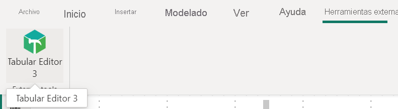 Captura de pantalla de Tabular Editor en la cinta de Herramientas externas.