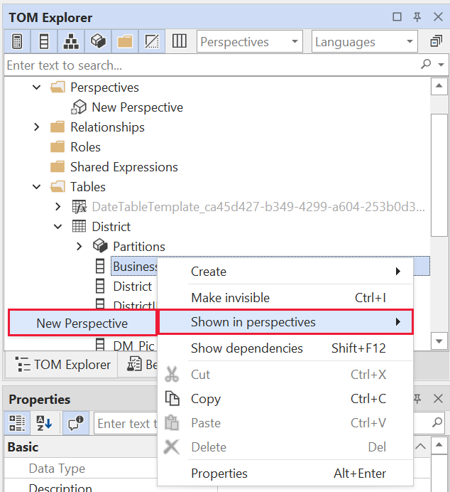 Captura de pantalla del menú contextual de Tabular Editor, resaltando Mostrado en perspectivas.