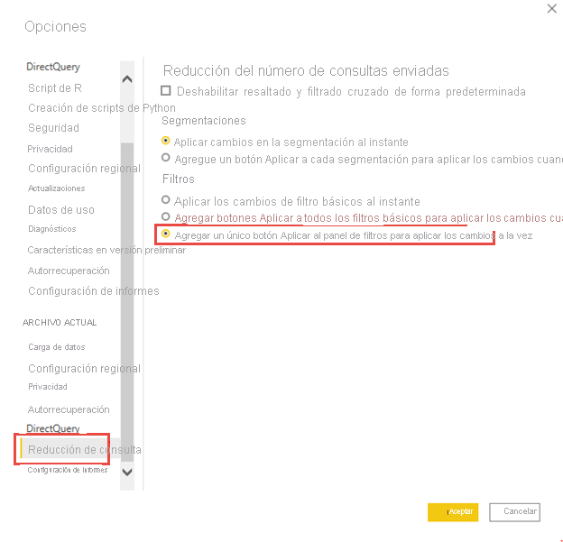 Captura de pantalla del menú Opciones, en la que se resalta Agregar un único botón Aplicar al panel de filtros para aplicar los cambios a la vez.