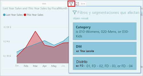 Captura de pantalla que muestra la lista de filtros de un objeto visual.