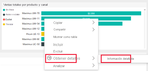 Screenshot shows the context menu for a data field with Drill through, then Detailed Info selected.