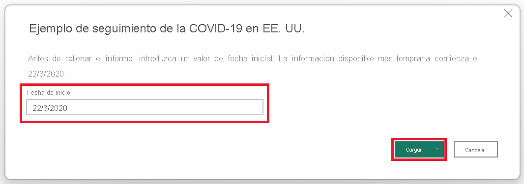 Captura de pantalla que muestra cómo establecer el parámetro Fecha de inicio.