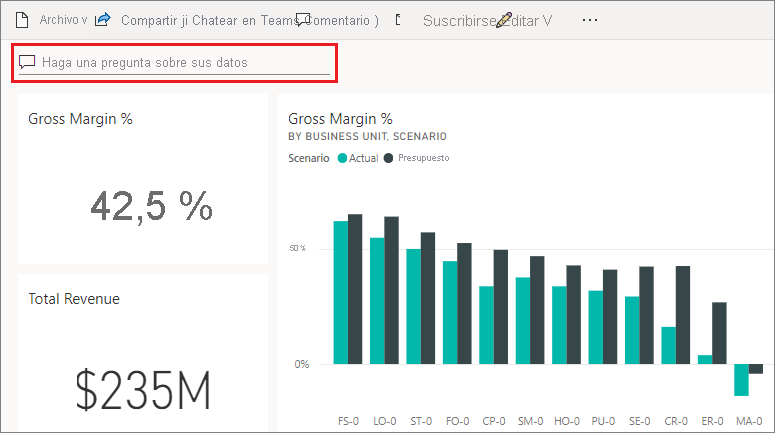 Captura de pantalla que muestra dónde puede hacer una pregunta sobre los datos.