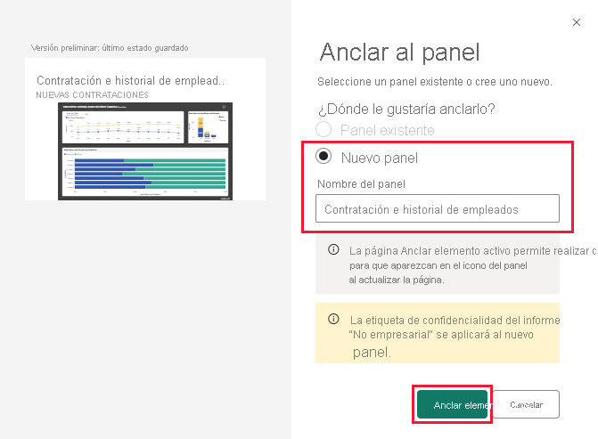 Screenshot shows the Pin to dashboard dialog box for adding to a new dashboard.