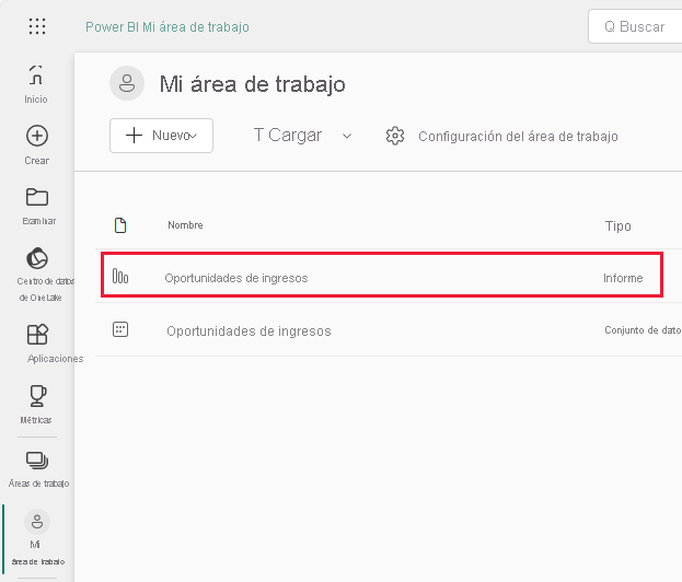 Screenshot shows the Revenue Opportunities sample report and semantic model links.