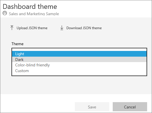 Screenshot of the Dashboard theme window and dropdown menu.