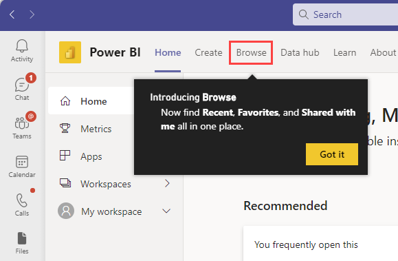 Captura de pantalla que muestra la nueva experiencia de navegación, también en la aplicación personal de Power BI en Teams.