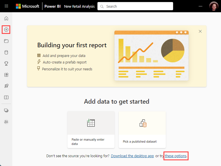 Captura de pantalla que muestra la nueva experiencia de carga de datos en el servicio Power BI.