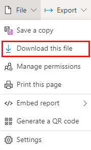 Captura de pantalla del menú de archivos en el servicio Power BI, con la opción para descargar un archivo PBIX resaltada.