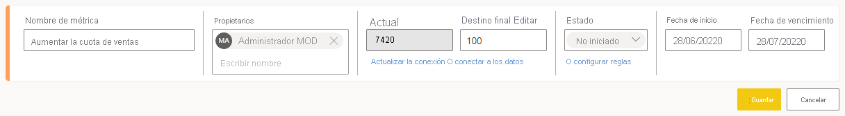 Captura de pantalla de Selección de Guardar para la métrica conectada a datos.