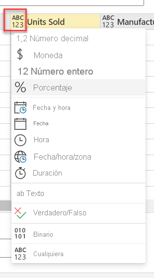 Captura de pantalla que muestra las opciones de Tipo de datos de una columna.