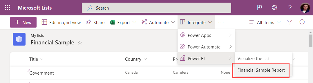 Captura de pantalla del informe en el menú Integrar de Power BI.