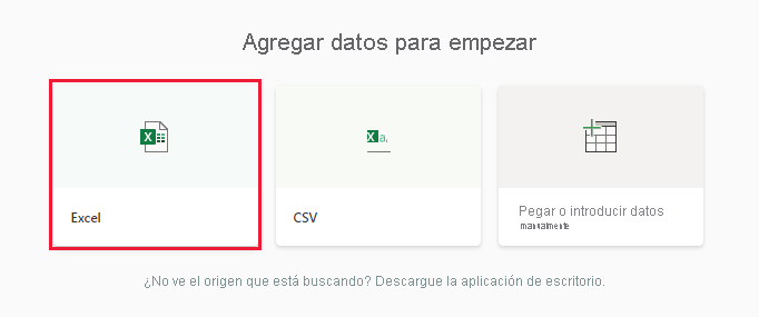 Captura de pantalla del cuadro de diálogo Agregar datos para empezar, resaltando Excel.