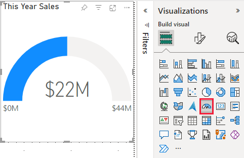 Captura de pantalla del objeto visual y del panel Visualizaciones, donde se resalta el icono de plantilla Medidor.