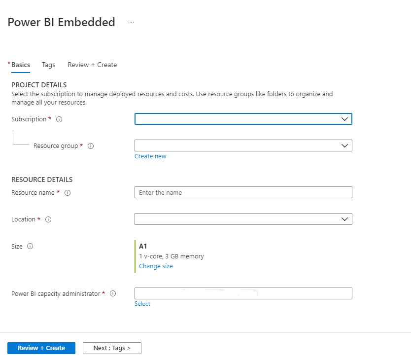 Captura de pantalla en la que se muestra la pestaña Aspectos básicos de la página de Power BI Embedded para crear una capacidad en Azure Portal.