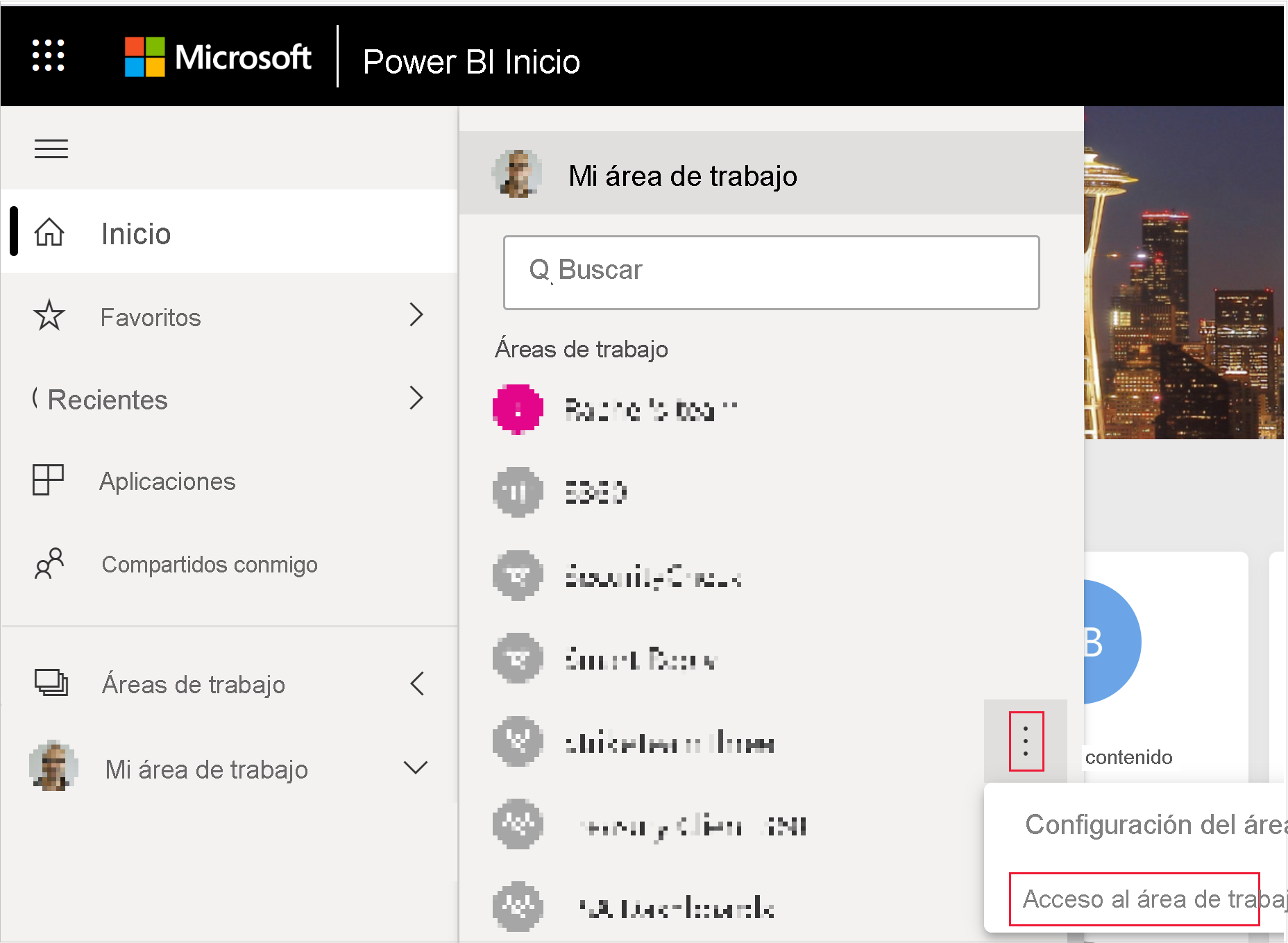 Captura de pantalla en la que se muestra el botón de acceso al área de trabajo en el menú Más de un área de trabajo de Power BI.