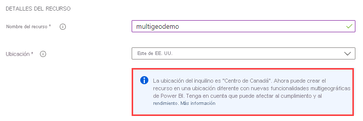 Screenshot of the Azure portal capacity creation screen, which shows the capacity's location is different than the default tenant location.