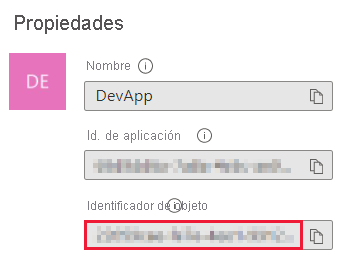 Captura de pantalla de la ventana del portal de Azure, que muestra el identificador de objeto principal en la sección de propiedades del panel de resumen de una aplicación de Microsoft Entra.