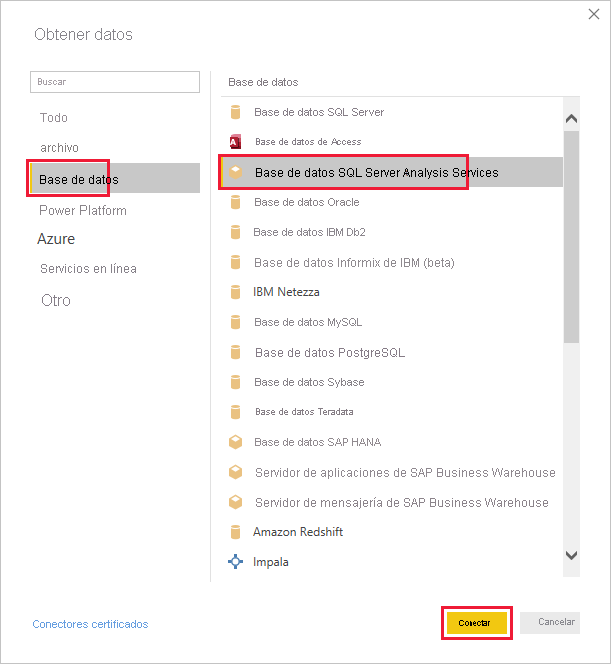 Conexión a la base de datos de SQL Server Analysis Services