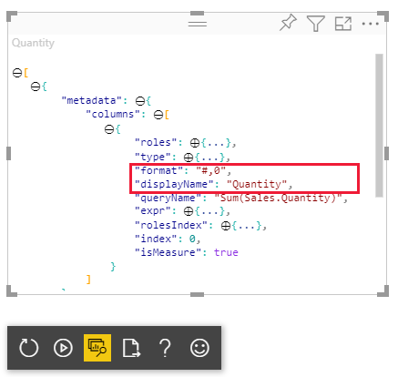 Captura de pantalla de los valores format y displayName, tal y como se muestra en la opción Mostrar vista de datos de Circle Card.