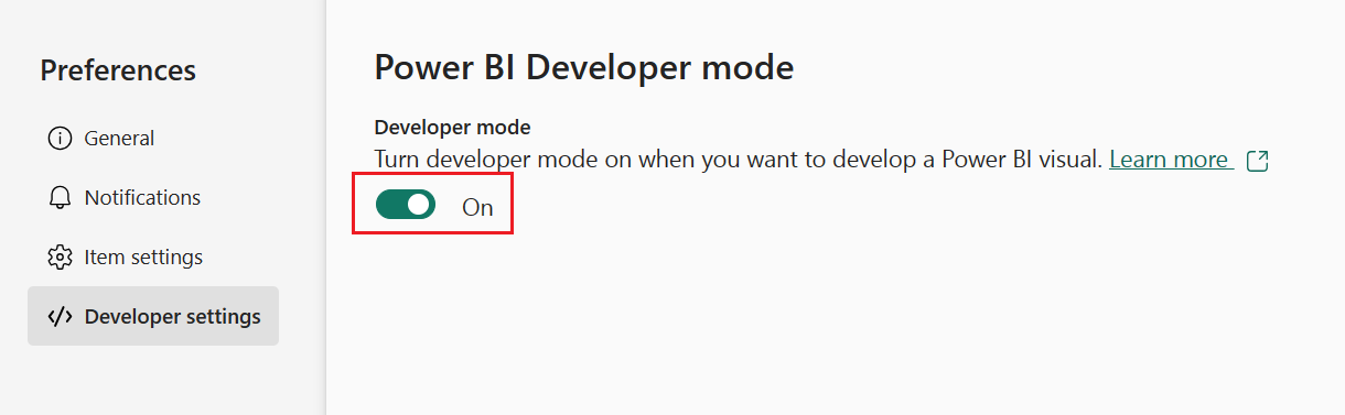 Captura de pantalla de habilitar el modo de desarrollador, en la pestaña Configuración de Power BI, Configuración del desarrollador.