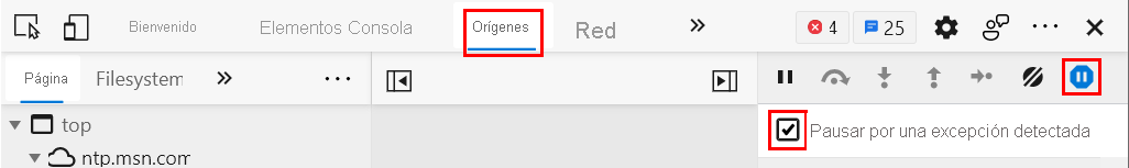 Captura de pantalla que muestra la pestaña Depurador con la opción Interrumpir en todas las excepciones seleccionada.