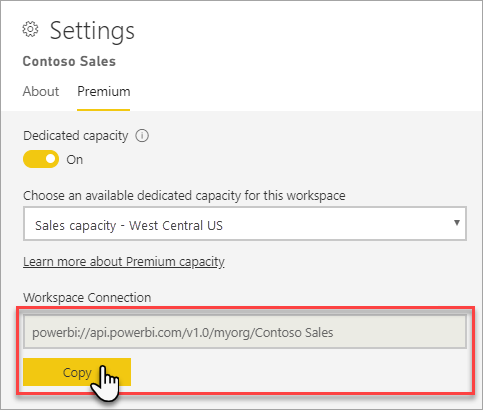 Captura de pantalla que muestra la página de configuración. La sección de conexión del área de trabajo está resaltada.