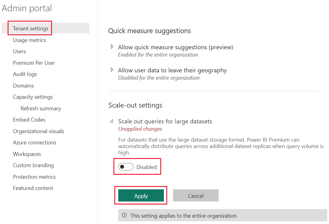 Captura de pantalla que muestra cómo deshabilitar la configuración del inquilino de escalabilidad horizontal en el portal de administración de Power BI.