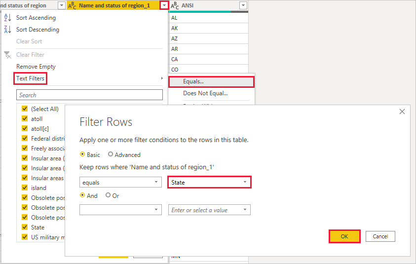 Captura de pantalla de Power BI Desktop en la que se muestra el cuadro de consulta Filtrar filas en el Editor de Power Query.